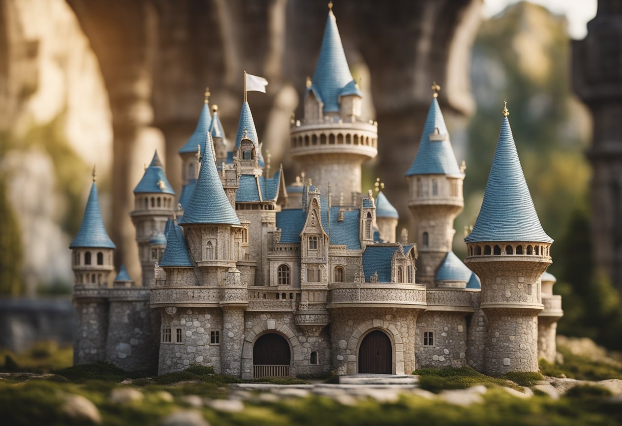 A surreal palace made of stones, resembling a fairytale castle, with
intricate and whimsical details, located in
France