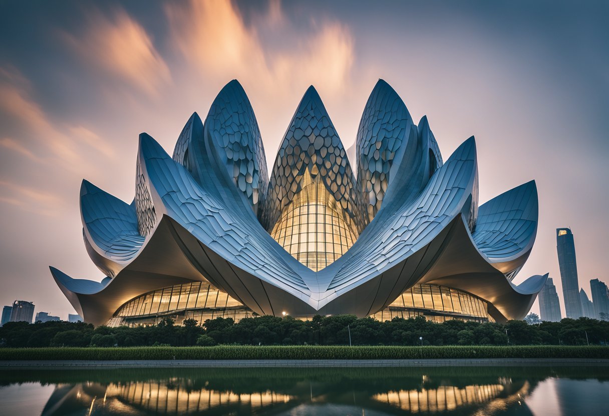 The Lotus Building in China, with its petal-like structure, stands
tall and gleaming against the city skyline. The unique design draws the
eye, with its sleek, modern architecture and futuristic
aesthetic