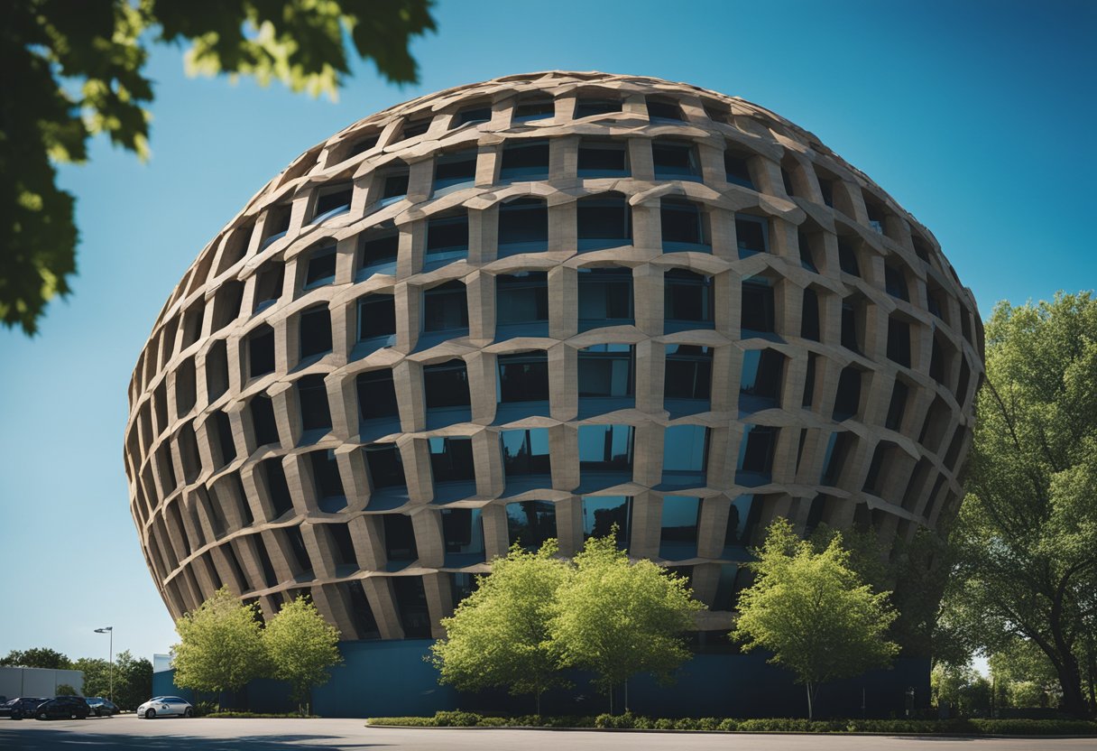 A giant basket-shaped building stands tall against a blue sky,
surrounded by green trees and a parking
lot