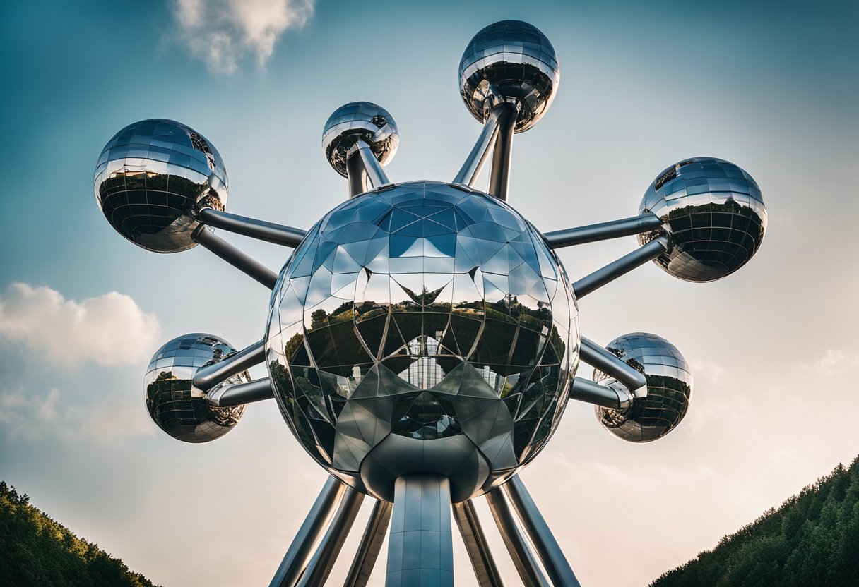 The Atomium in Belgium, a giant metallic structure resembling an iron
crystal, stands tall against the sky, with its interconnected spheres
and towering spires creating a futuristic and otherworldly
sight