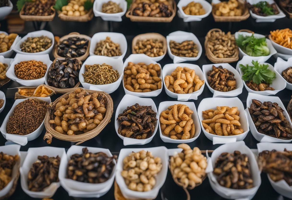 A table with a spread of unusual foods: fried insects, fermented
shark, century eggs, and other exotic delicacies from around the
world