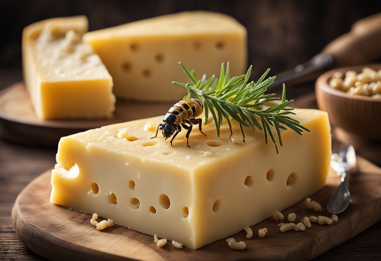 A block of Casu Marzu cheese sits on a wooden table, its surface
teeming with live insect larvae. The cheese is cut open, revealing the
squirming white maggots
inside