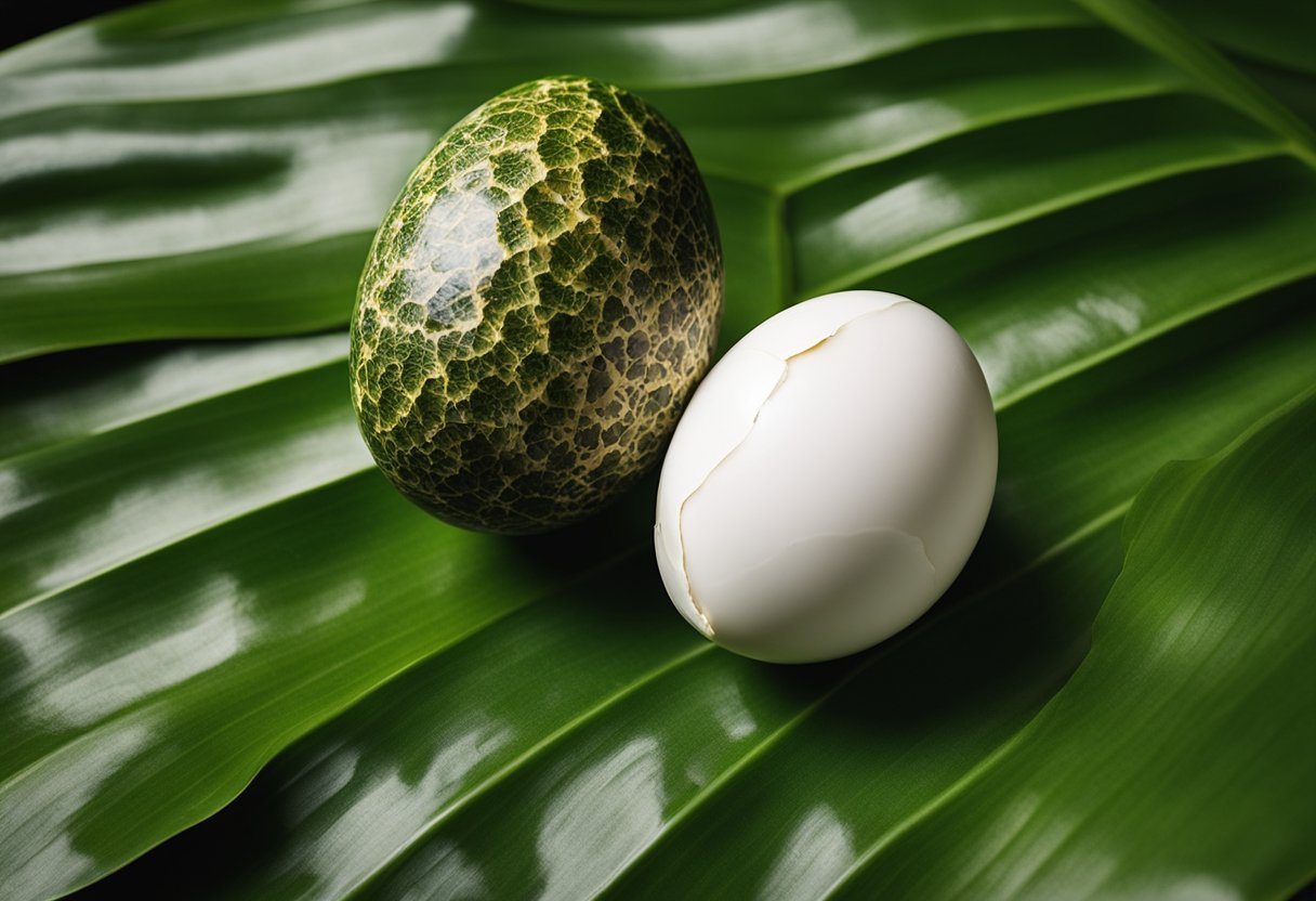 A cracked open balut egg with partially formed duck embryo inside,
resting on a bed of banana
leaves