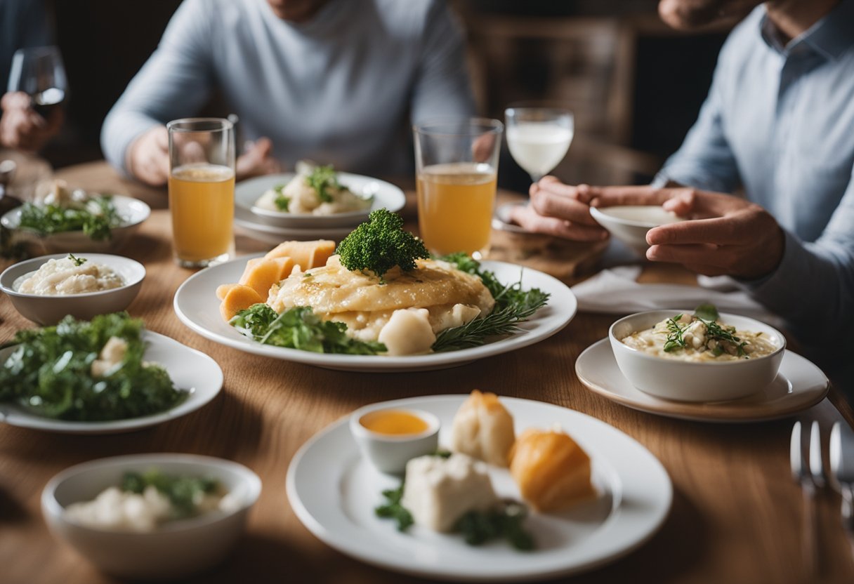 A table with a plate of hákarl, a traditional Icelandic dish made of
fermented shark meat, surrounded by curious
onlookers