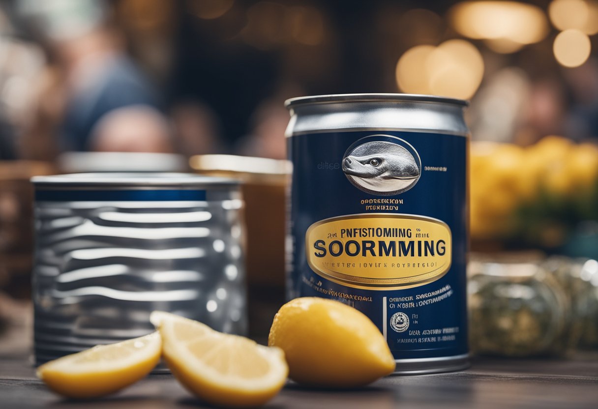 A can of open surströmming emits a pungent odor, surrounded by curious
onlookers with wrinkled noses and covered
mouths