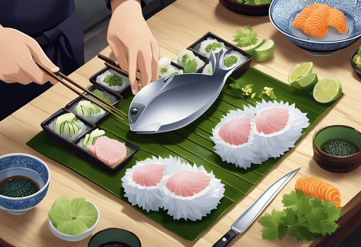 A chef expertly prepares a fugu, carefully removing its poisonous
parts before slicing it into delicate sashimi pieces. The dish is
presented on a beautiful traditional Japanese plate, surrounded by
vibrant
garnishes