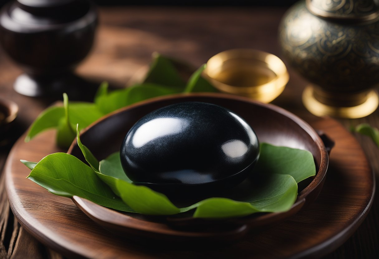 A century egg sits on a rustic wooden table, its dark, translucent
shell glistening under the warm light. Surrounding it are traditional
Chinese utensils and decorative elements, creating a cultural
ambiance