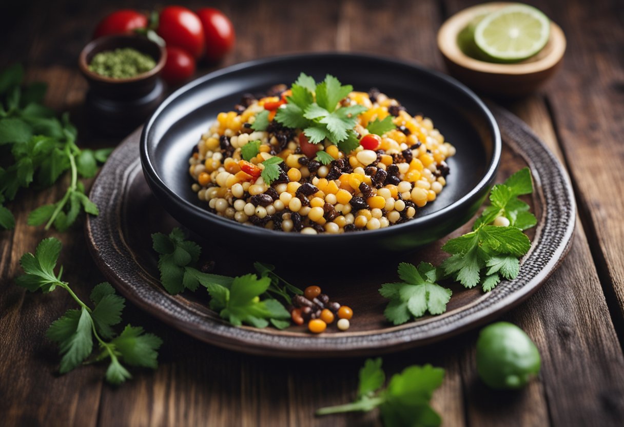 A plate of escamoles, a Mexican delicacy, sits on a wooden table. The
dish is made of ant eggs and larvae, garnished with herbs and
spices