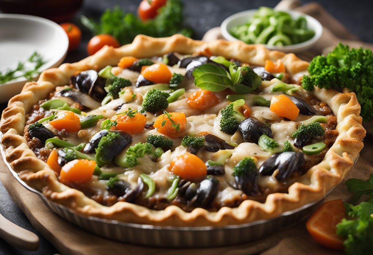 A pie with fish heads protruding from the crust, surrounded by a mix
of vegetables and a savory
sauce