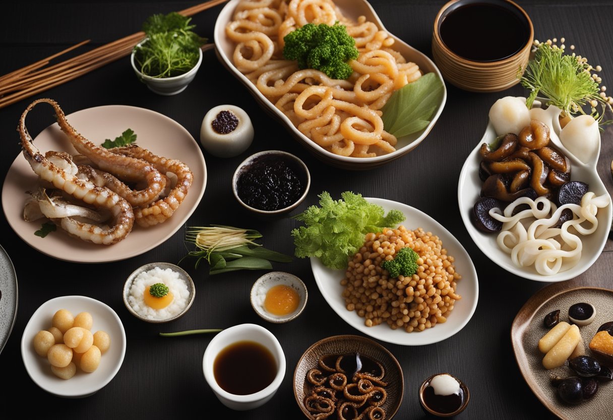 A table set with various bizarre foods from Shirako, Japan. Examples
include fermented soybeans, pickled plums, and grilled squid
tentacles