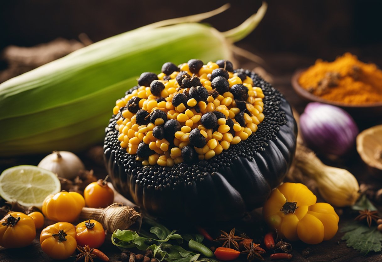 A black, bulbous fungus grows on a corn cob, surrounded by vibrant
Mexican spices and
ingredients