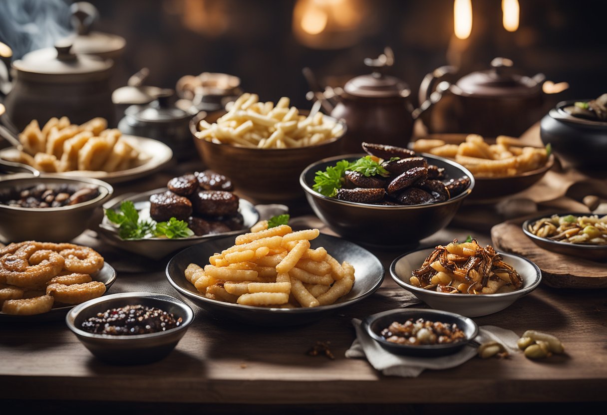 A table set with bizarre foods: fried insects, fermented fish, and
blood sausage. A sign reads “Salo (Ukraine) The 12 Strangest Foods
People Actually
Eat.”