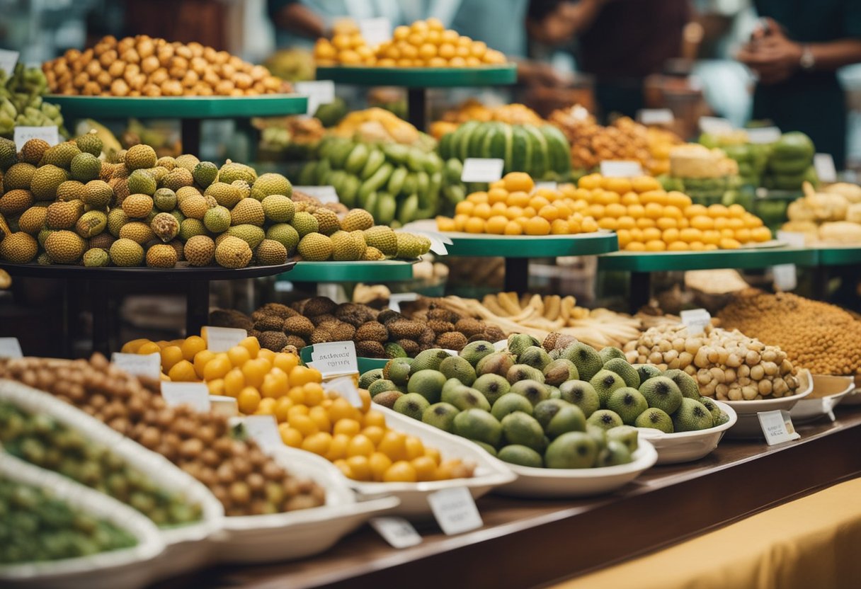 A table displays exotic foods: insects, organs, and unusual fruits.
People gather, curious and intrigued, to sample and learn about the
cultural significance of these strange
foods