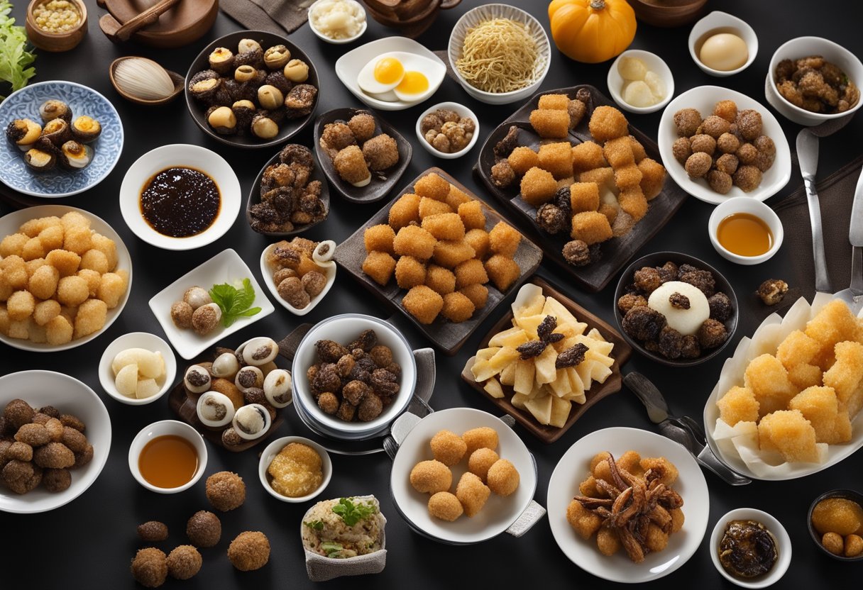 A table displaying unusual foods: fried tarantula, stinky tofu,
century eggs, haggis, balut, and more. Each item labeled with its
name