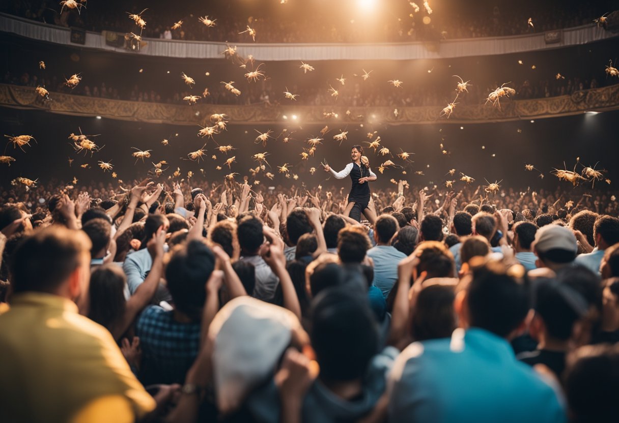 A crowded stage with various bizarre stunts: eating live insects,
juggling flaming objects, and performing strange
acrobatics