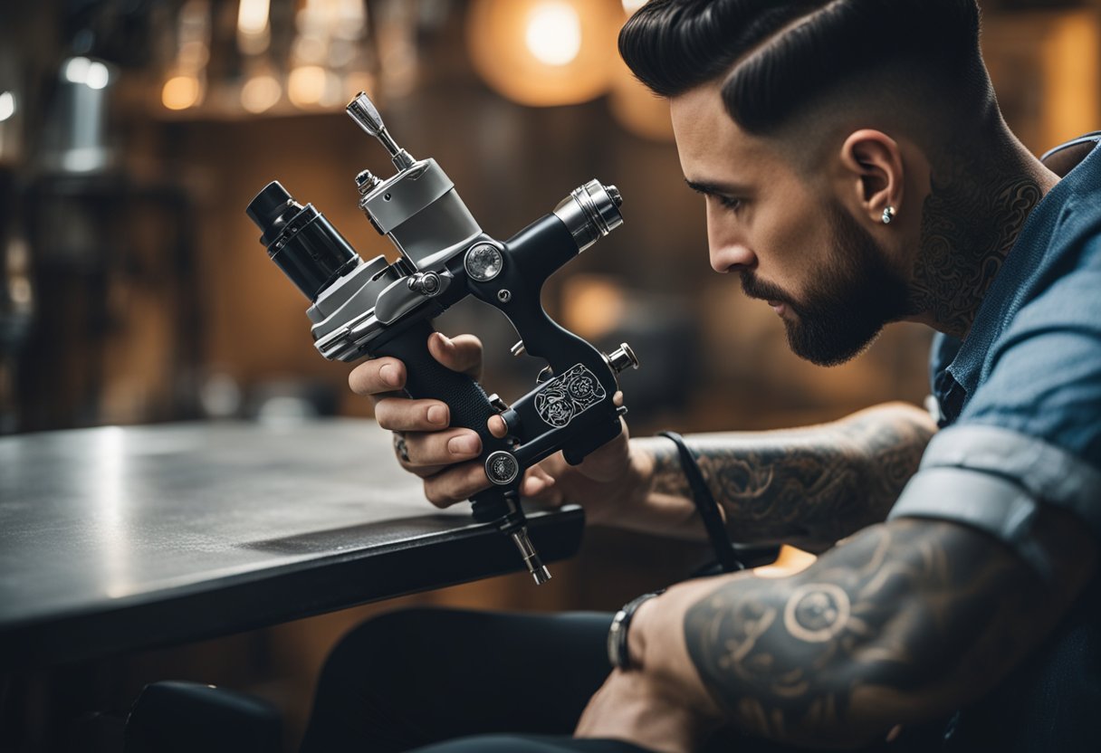 A person sits in a chair with a tattoo gun in hand, carefully etching
a company logo onto a
forehead