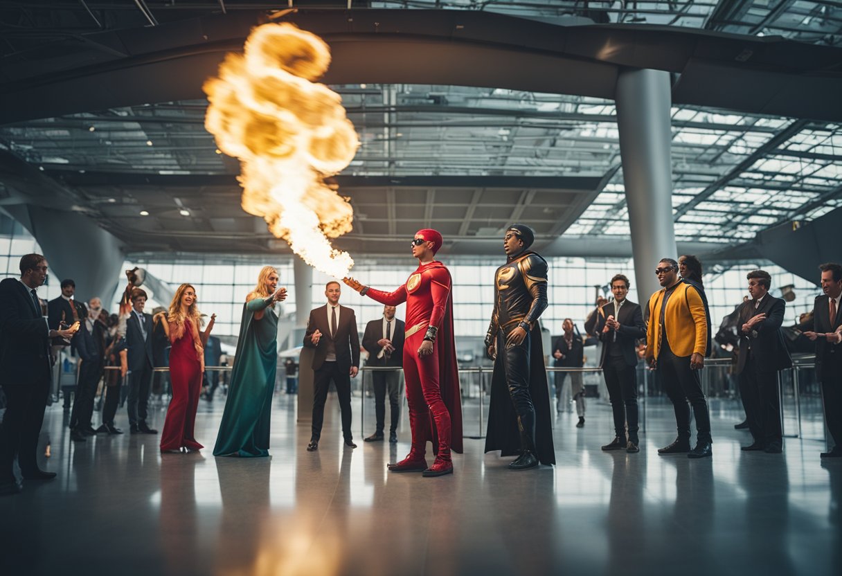 An airport terminal filled with bizarre stunts: a man juggling flaming
torches, a woman attempting to break a world record for longest
fingernails, and a group of people dressed as superheroes performing
stunts