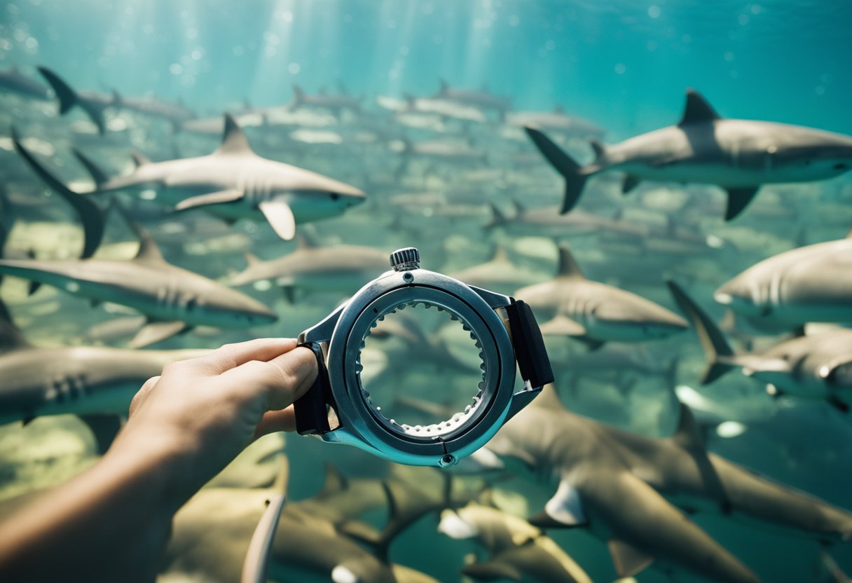 A diver swims among sharks, holding a ring in a
proposal