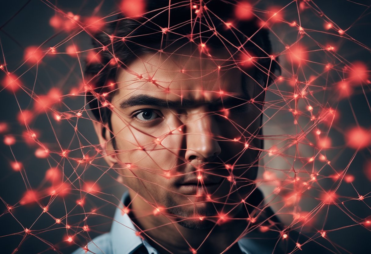 A person surrounded by a web of photos, articles, and red string, with
a crazed look in their eyes as they connect seemingly unrelated items to
form a conspiracy theory about
themselves