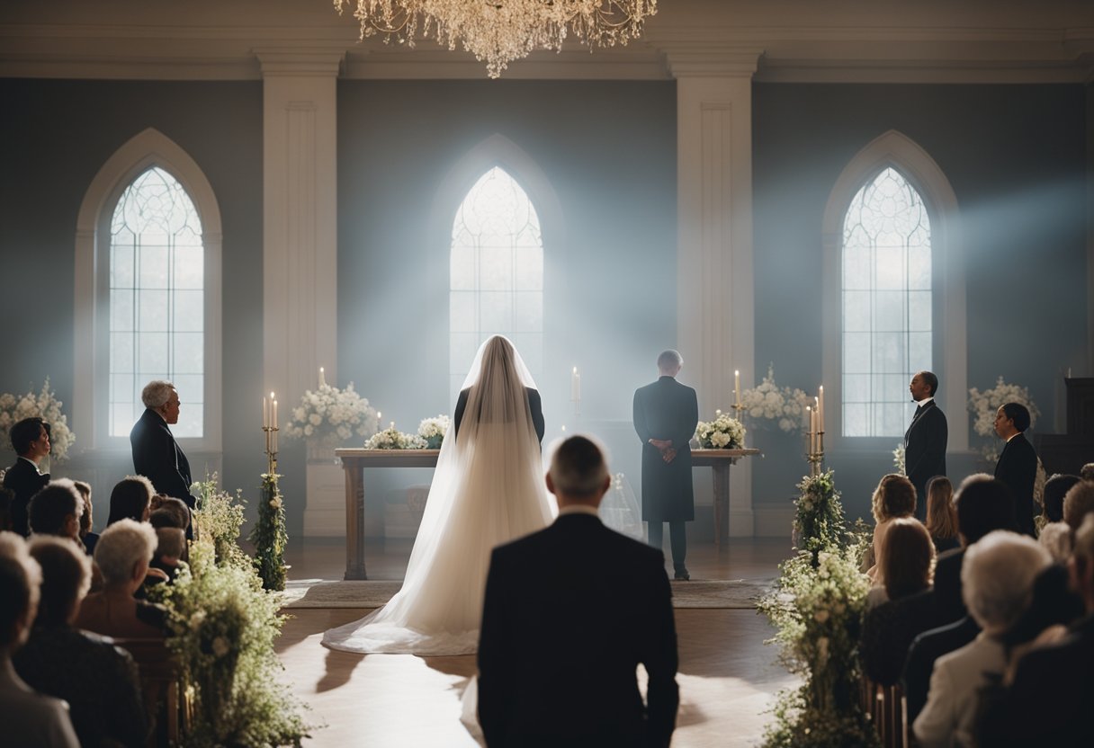 A ghostly figure stands at an altar, surrounded by onlookers. A
wedding veil floats in the air, while eerie music fills the
room