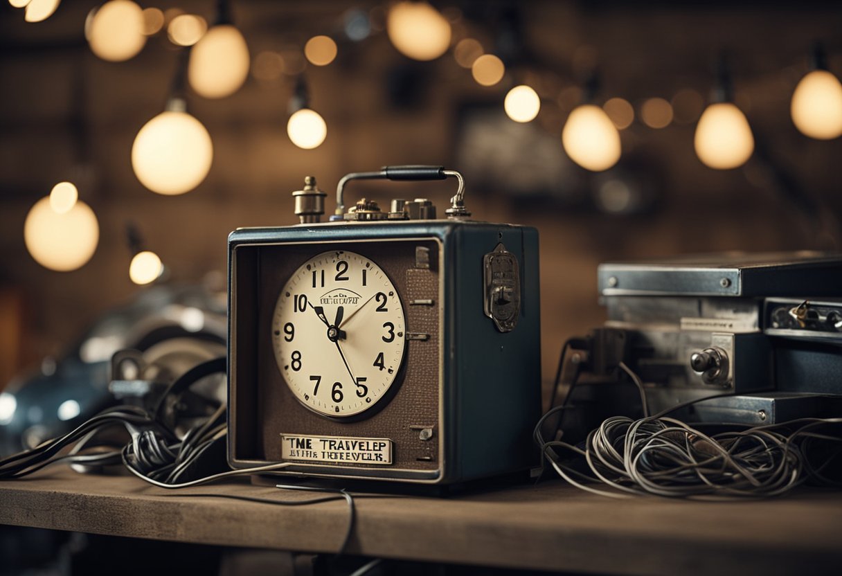 A vintage-looking time machine sits in a cluttered garage, surrounded
by blinking lights and tangled wires. A sign reading “Time Traveler
Wanted” is tacked to the
wall