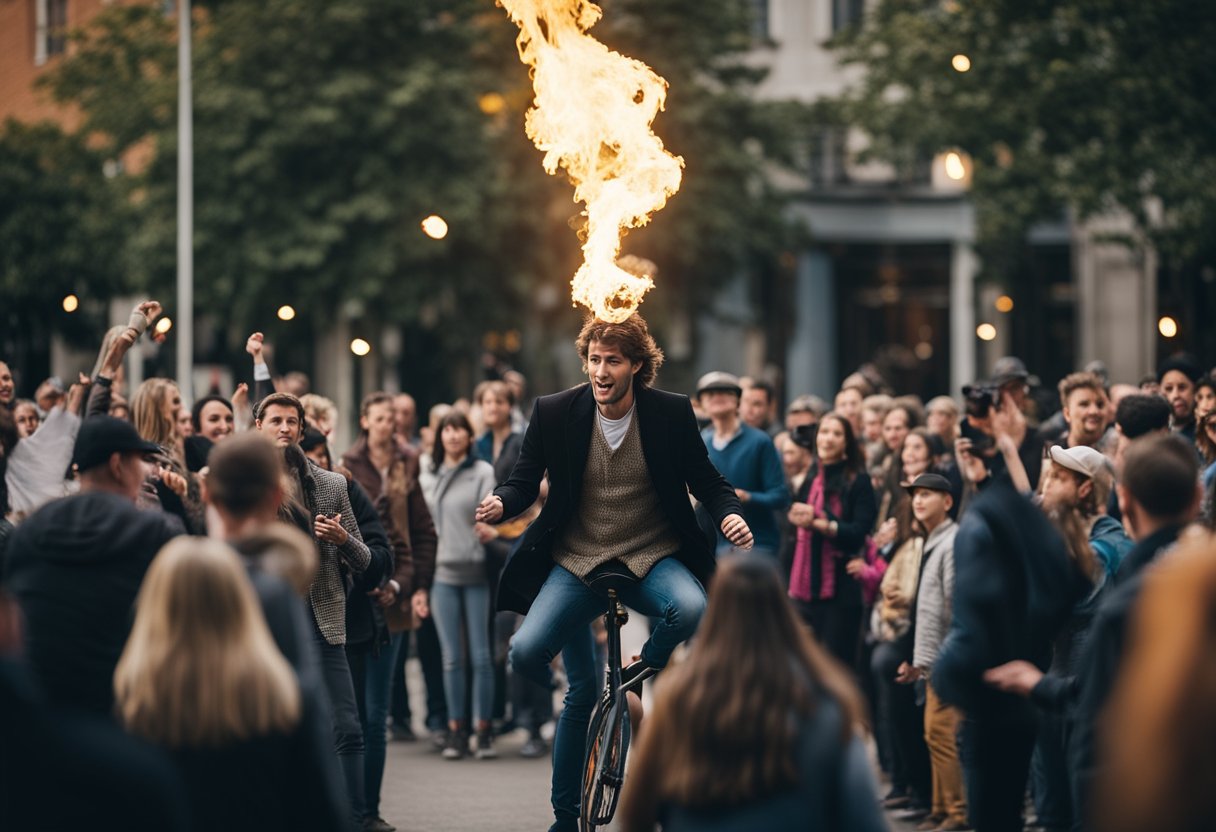 A person balances on a unicycle while juggling flaming torches, with a
crowd of onlookers filming and cheering in the
background