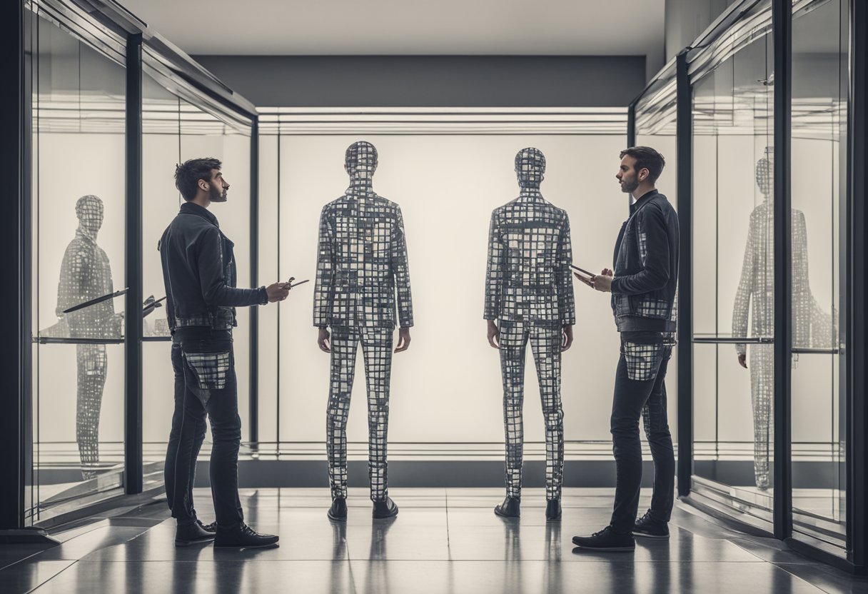 A person stands in front of a mirror, drawing an identical figure next
to their reflection. They are using a pencil to create an imaginary
twin, adding exaggerated features and unique
characteristics